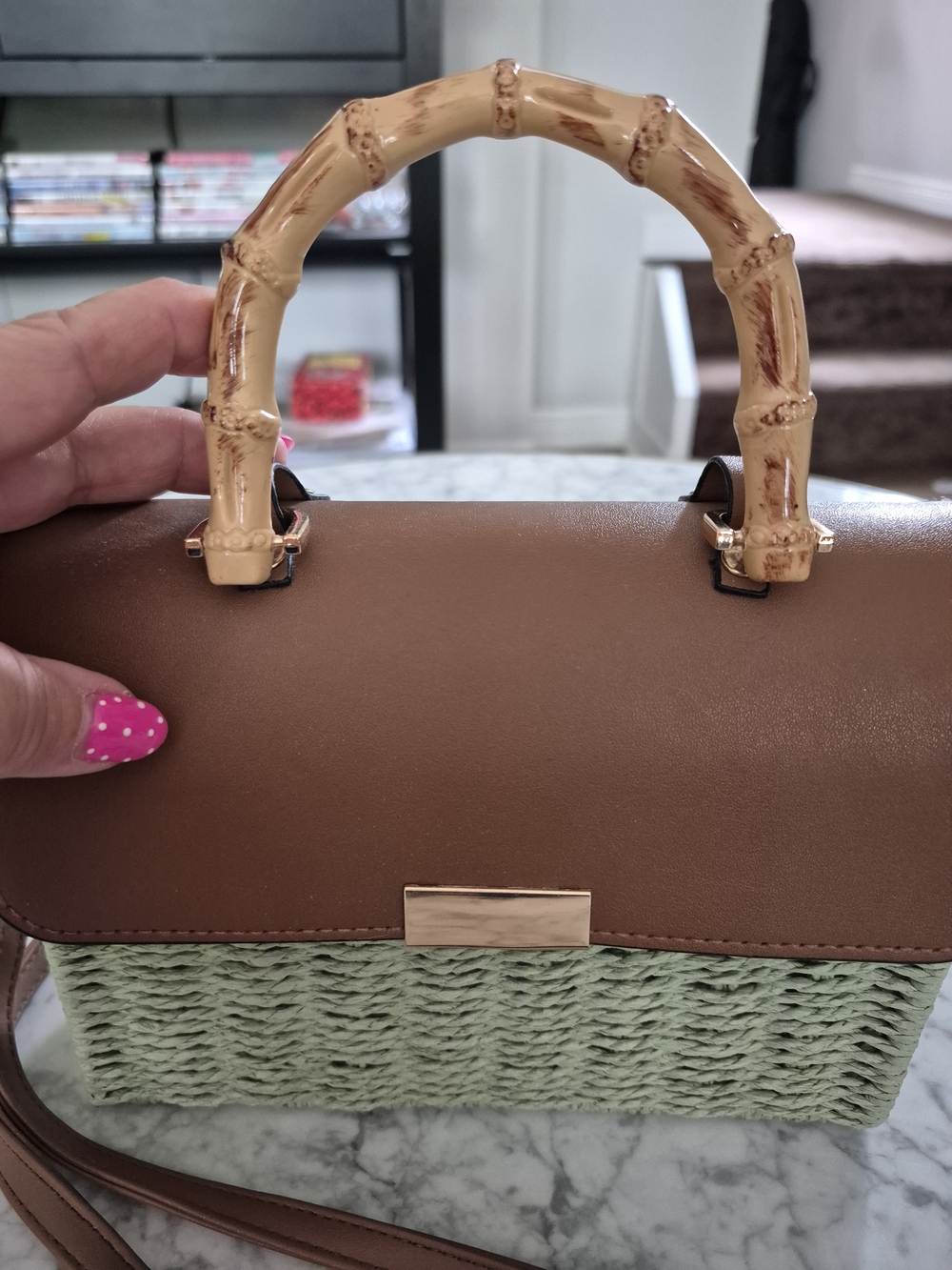 Straw Crossbody Bag with Brown Trim - Picture 2 of 10